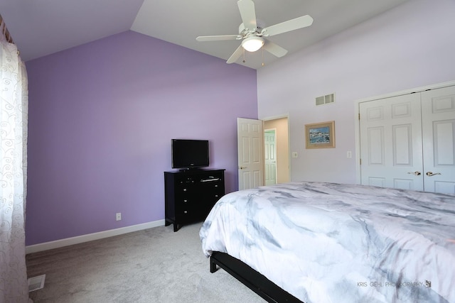 2653 Clara Ave, Aurora, IL 60502 - bedroom with high vaulted ceiling, light carpet, a closet, a ceiling fan, and baseboards
