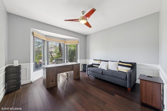 4276 Colton Cir, Naperville, IL 60564 - office area with a wainscoted wall, a ceiling fan, and dark wood-style flooring