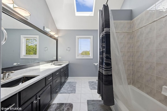 4276 Colton Cir, Naperville, IL 60564 - full bath featuring vaulted ceiling, tile patterned flooring, a skylight, healthy amount of natural light, and shower / tub combo