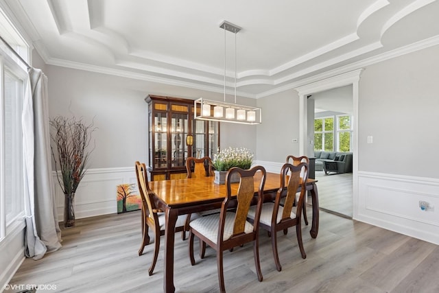 4276 Colton Cir, Naperville, IL 60564 - dining space with a raised ceiling, light wood-style floors, a wainscoted wall, ornamental molding, and a decorative wall