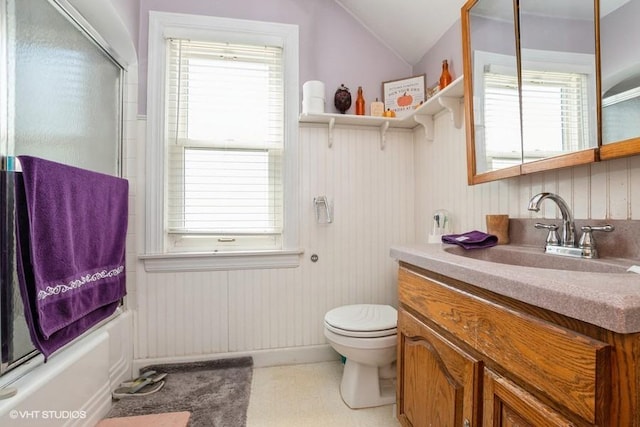 9230 S Saint Louis Ave, Evergreen Park, IL 60805 - bathroom featuring lofted ceiling, toilet, vanity, and shower / bath combination with glass door