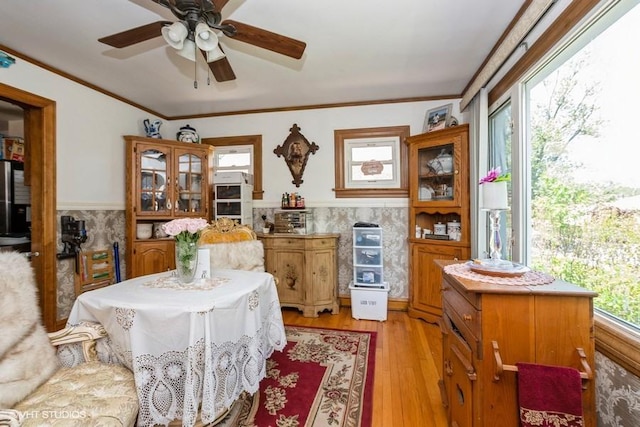 9230 S Saint Louis Ave, Evergreen Park, IL 60805 - dining room featuring ceiling fan, light wood finished floors, crown molding, and wainscoting