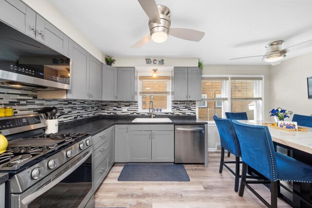 9656 S Utica Ave, Evergreen Park, IL 60805 - kitchen with stainless steel appliances, a sink, a ceiling fan, and gray cabinetry