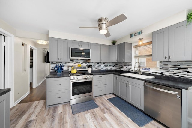 9656 S Utica Ave, Evergreen Park, IL 60805 - kitchen featuring appliances with stainless steel finishes, a sink, gray cabinetry, and dark countertops