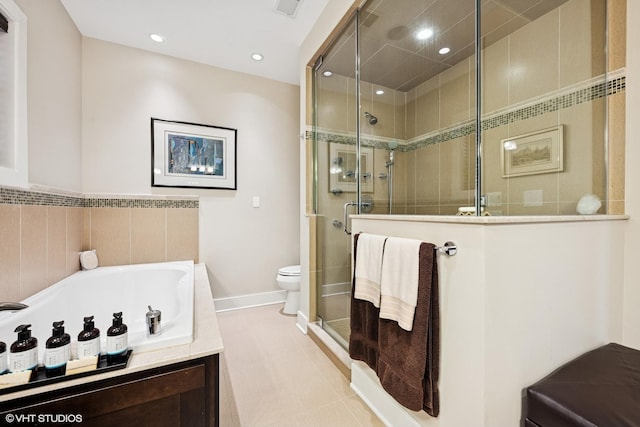 full bathroom with a shower stall, a bath, baseboards, recessed lighting, and toilet