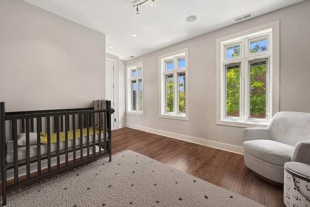 bedroom featuring baseboards, multiple windows, wood finished floors, and recessed lighting