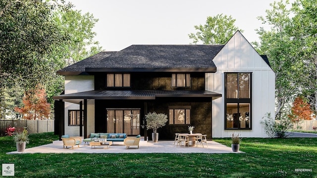 3005 Highland Rd, Northbrook, IL 60062 - rear view of house with outdoor lounge area, a patio area, a standing seam roof, board and batten siding, and metal roof