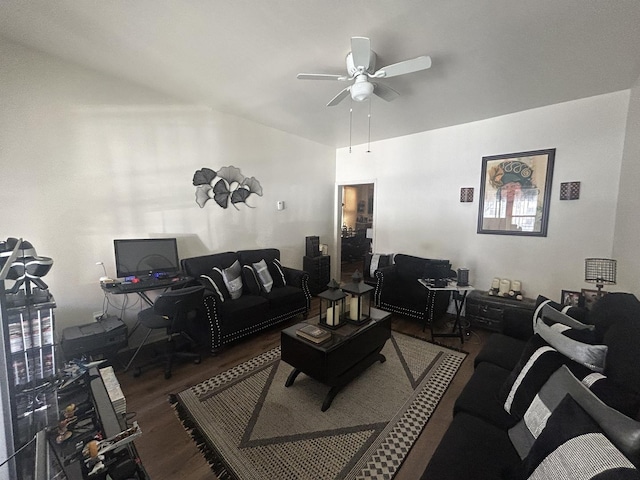 living area with an office area, wood finished floors, and a ceiling fan