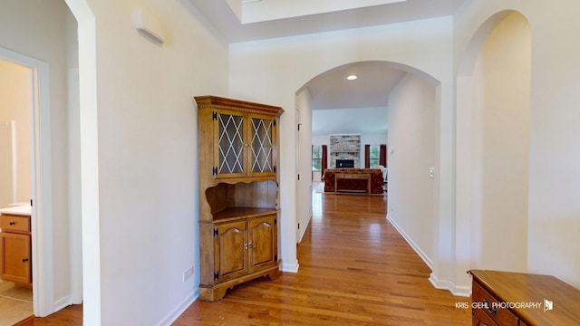 1400 Colchester Ln, Aurora, IL 60505 - corridor featuring light wood-type flooring, baseboards, and arched walkways