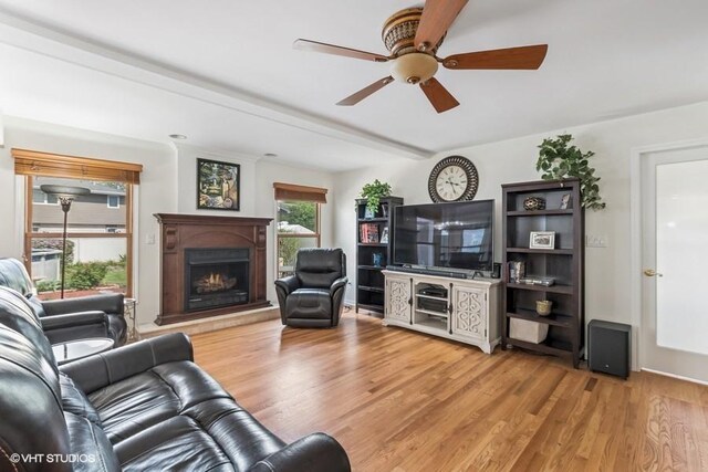 506 Rodney St, Lockport, IL 60441 - living room featuring a ceiling fan, light wood-type flooring, and a lit fireplace
