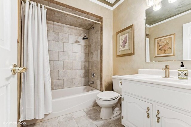 506 Rodney St, Lockport, IL 60441 - bathroom featuring toilet, ornamental molding, tile patterned flooring, vanity, and shower / tub combo