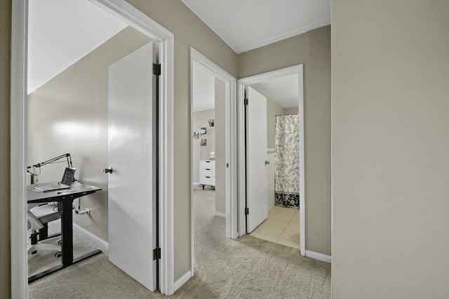 corridor with carpet flooring, baseboards, and an office area