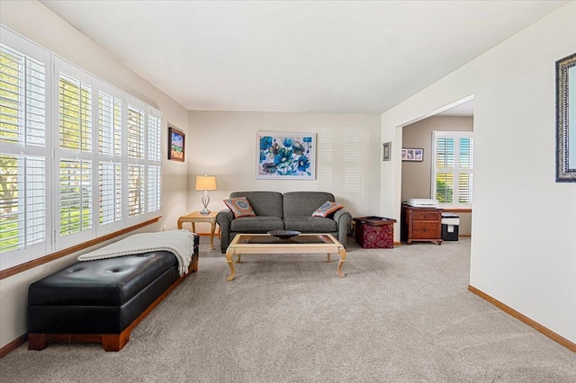 carpeted living area featuring baseboards