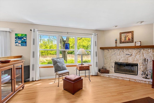 living area with wood finished floors, baseboards, and a stone fireplace