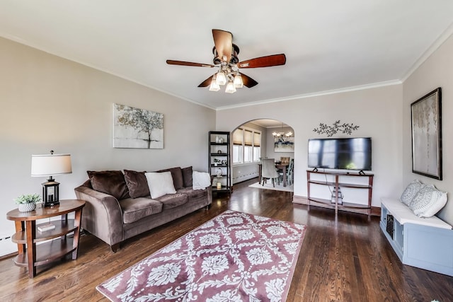 6167 N Naper Ave, Chicago, IL 60631 - living room with arched walkways, a baseboard radiator, a ceiling fan, ornamental molding, and wood finished floors