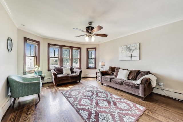 6167 N Naper Ave, Chicago, IL 60631 - living room with baseboard heating, ornamental molding, a ceiling fan, and wood finished floors