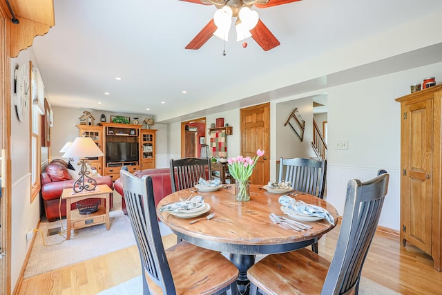 43 Mohawk St, Cary, IL 60013 - dining area with light wood-style floors, a ceiling fan, stairs, and recessed lighting