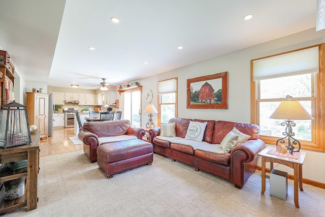 43 Mohawk St, Cary, IL 60013 - living room with healthy amount of natural light, recessed lighting, ceiling fan, and baseboards