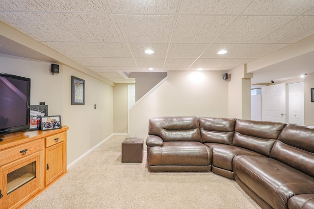 43 Mohawk St, Cary, IL 60013 - carpeted living area featuring recessed lighting, baseboards, a paneled ceiling, and stairs