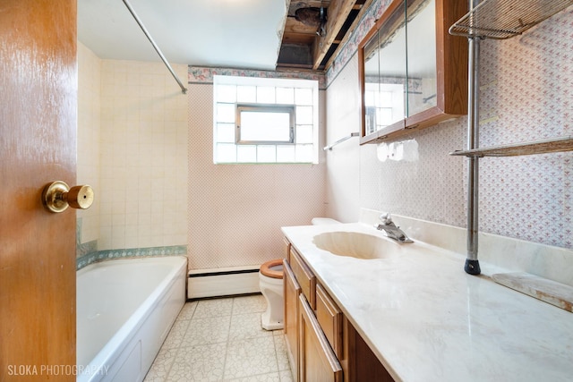 full bathroom featuring a baseboard heating unit, vanity, toilet,  shower combination, and wallpapered walls