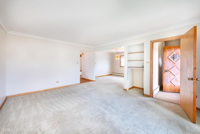 unfurnished living room featuring crown molding, baseboards, carpet floors, and baseboard heating