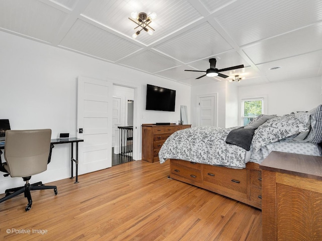 733 S Naperville Rd, Wheaton, IL 60189 - bedroom with coffered ceiling, light wood-type flooring, a desk, a ceiling fan, and beam ceiling