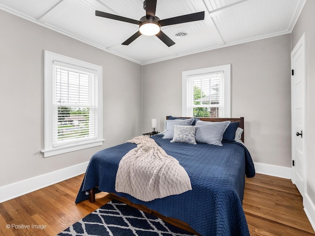 733 S Naperville Rd, Wheaton, IL 60189 - bedroom featuring baseboards, wood finished floors, crown molding, and ceiling fan