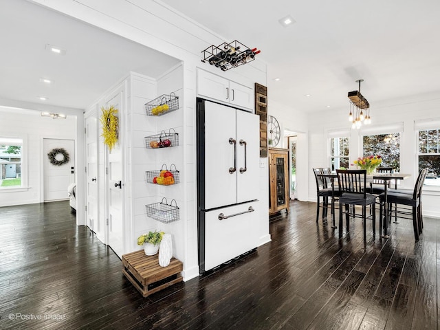 733 S Naperville Rd, Wheaton, IL 60189 - kitchen featuring freestanding refrigerator, dark wood-type flooring, plenty of natural light, a chandelier, and recessed lighting