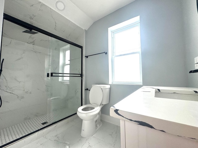 full bath with marble look tile flooring, a sink, a marble finish shower, baseboards, and toilet