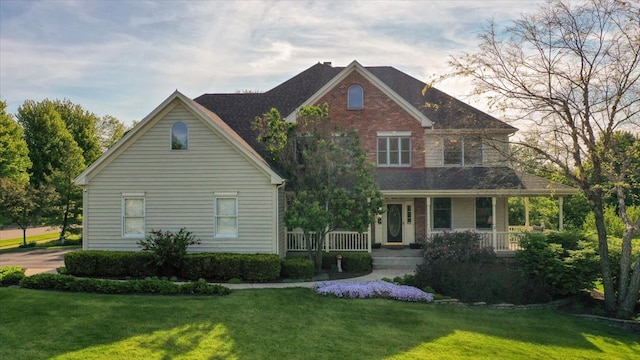 view of front of property with covered porch, a front lawn, and brick siding