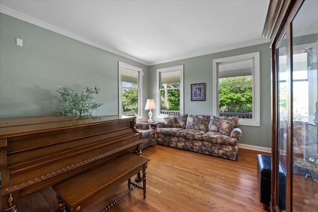 living area with ornamental molding, wood finished floors, and baseboards