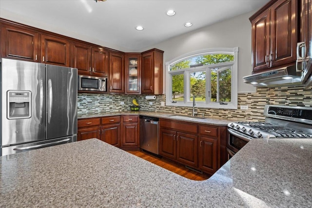 kitchen with stainless steel appliances, a sink, under cabinet range hood, wood finished floors, and recessed lighting