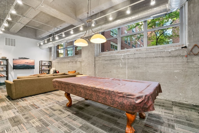 game room with track lighting, pool table, and carpet floors