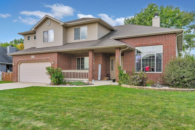 203 Jefferson St, Manteno, IL 60950 - view of front of home with brick siding, a porch, a front lawn, concrete driveway, and a garage