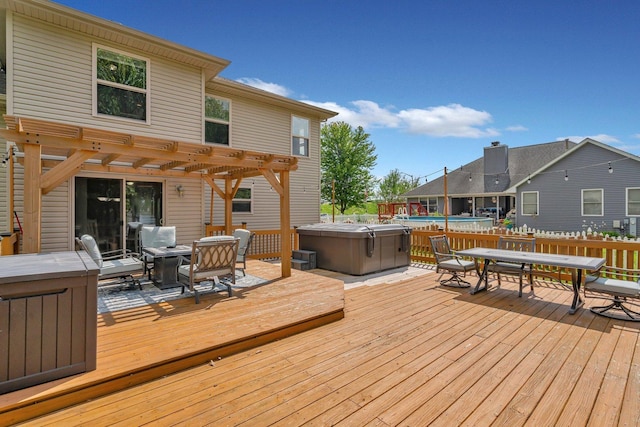 203 Jefferson St, Manteno, IL 60950 - wooden deck featuring outdoor dining area, a pergola, and a hot tub