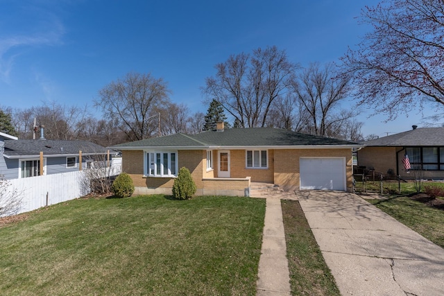 ranch-style house with an attached garage, brick siding, driveway, and a chimney
