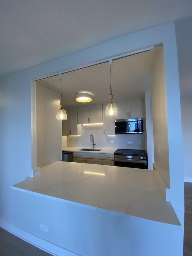 3930 N Pine Grove Ave Unit 1703, Chicago, IL 60613 - kitchen with appliances with stainless steel finishes, a sink, hanging light fixtures, and light stone countertops