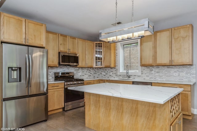 6436 N Lehigh Ave Unit 2N, Chicago, IL 60646 - kitchen with appliances with stainless steel finishes, a sink, dark wood-style floors, and light brown cabinets