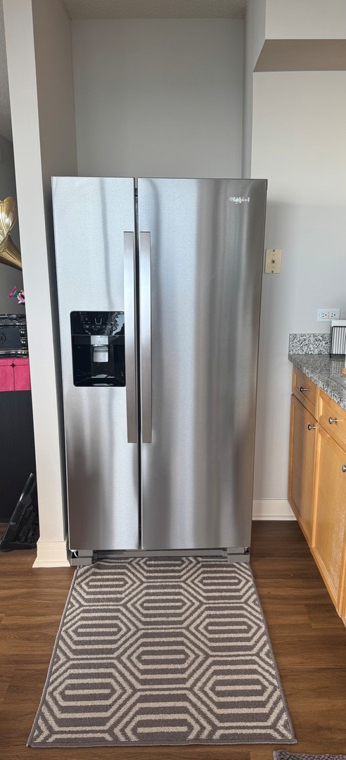 512 N Mcclurg Ct Unit 4904, Chicago, IL 60611 - kitchen view of stainless steel fridge, dark wood-style floors, and baseboards