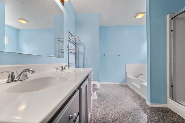 408 Lake Shore Cir, Bloomington, IL 61704 - bathroom with double vanity, a bath, baseboards, a stall shower, and toilet