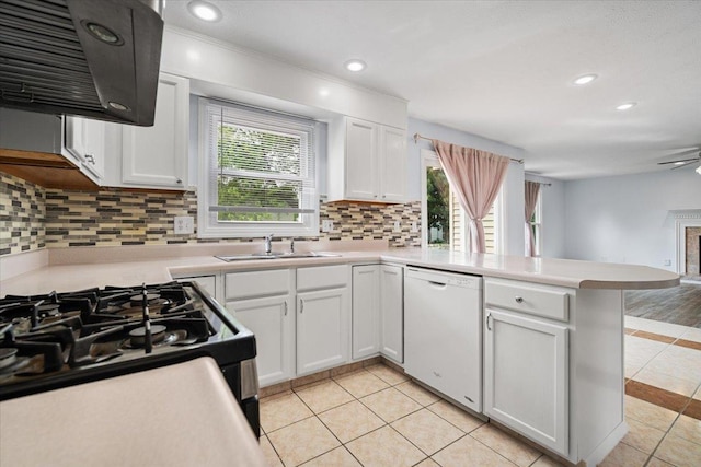 408 Lake Shore Cir, Bloomington, IL 61704 - kitchen featuring dishwasher, exhaust hood, a peninsula, black gas range oven, and light tile patterned floors