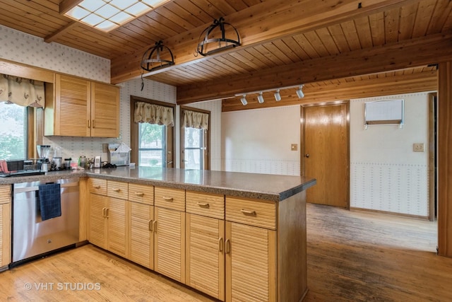 kitchen featuring dishwasher, a peninsula, wallpapered walls, wooden ceiling, and light wood finished floors