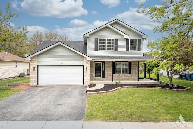 traditional home with driveway, brick siding, central air condition unit, covered porch, and a garage