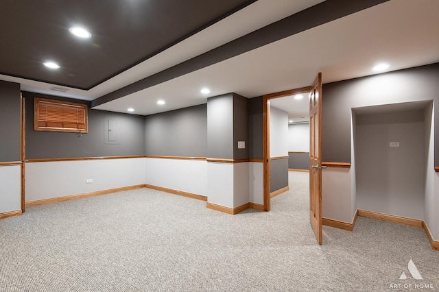 finished basement with carpet floors, recessed lighting, and baseboards
