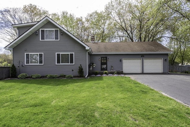 view of front of home featuring a garage, asphalt driveway, a chimney, and a shingled roof