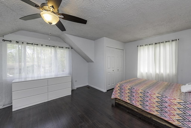 bedroom featuring multiple windows, a textured ceiling, dark wood-style floors, baseboards, and a closet