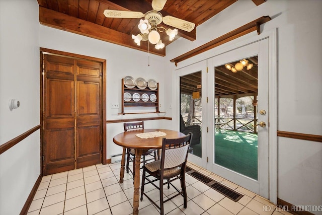 38W283 Deerpath Rd, Batavia, IL 60510 - dining area featuring light tile patterned floors, a ceiling fan, wood ceiling, beam ceiling, and baseboards