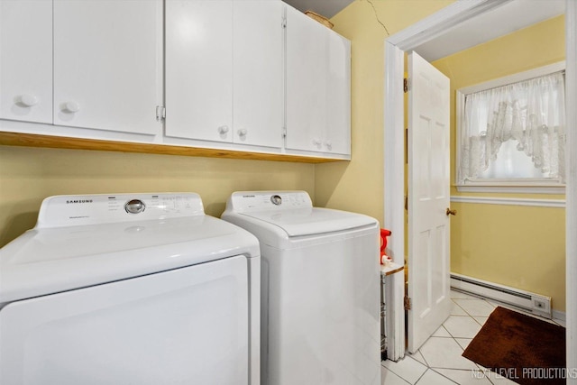 38W283 Deerpath Rd, Batavia, IL 60510 - laundry room featuring a baseboard heating unit, washer and dryer, cabinet space, and light tile patterned floors