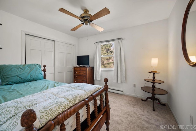38W283 Deerpath Rd, Batavia, IL 60510 - bedroom with a baseboard heating unit, carpet, a closet, baseboards, and ceiling fan