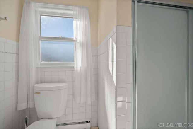 38W283 Deerpath Rd, Batavia, IL 60510 - bathroom with tile walls, baseboard heating, wainscoting, and toilet